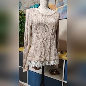 INC Intl. Concept Large Tunic Sweater Oatmeal Color White Lace Hem  Crochet